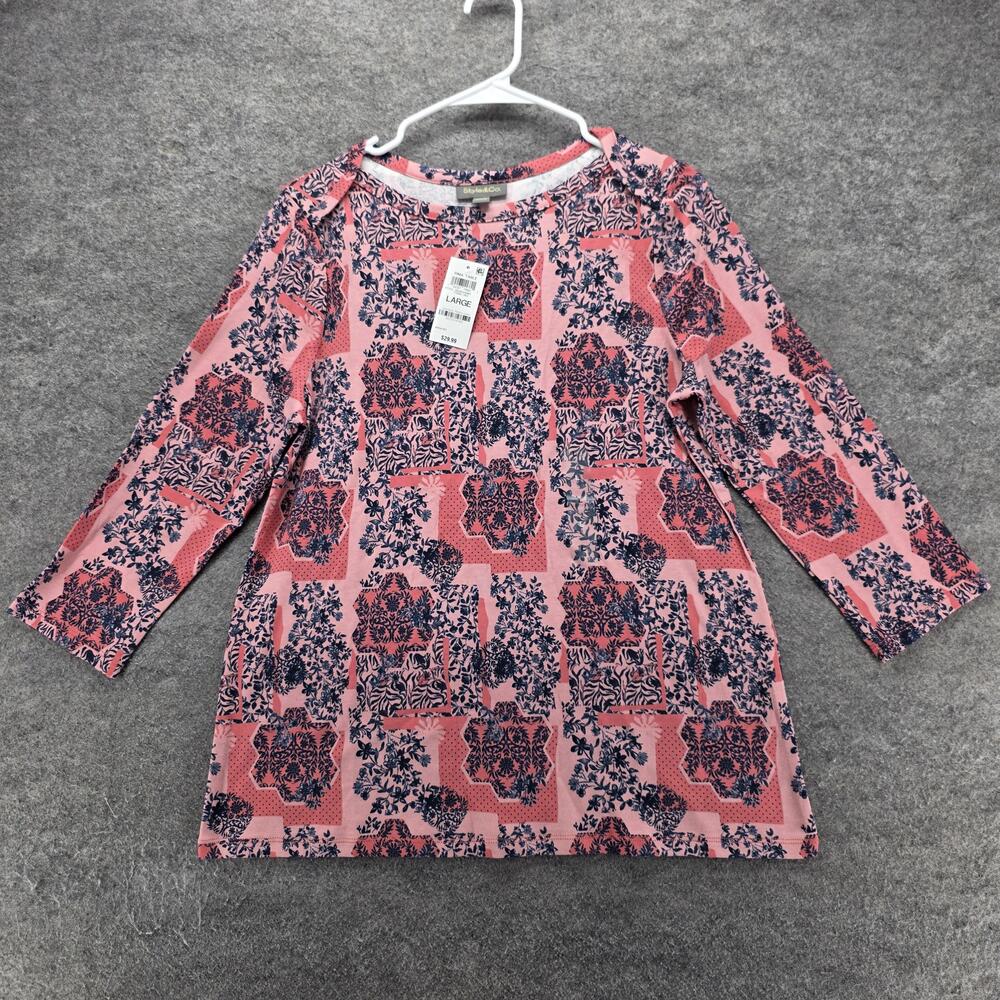 Style&Co. T-Shirt Womens L Red Floral 3/4 Sleeve Crew Neck Pima Cotton Jersey